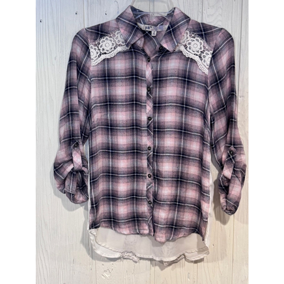 Jolt Plaid Shirt Pink Black lace inlet back Button Down size small - Picture 1 of 12